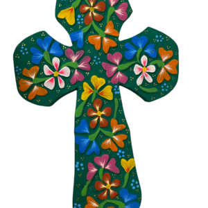 Croce in legno dipinta a mano con fiori in rilievo