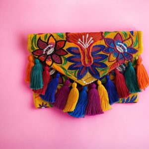 Pochette In Cotone Con Ricami In Filo Di Seta